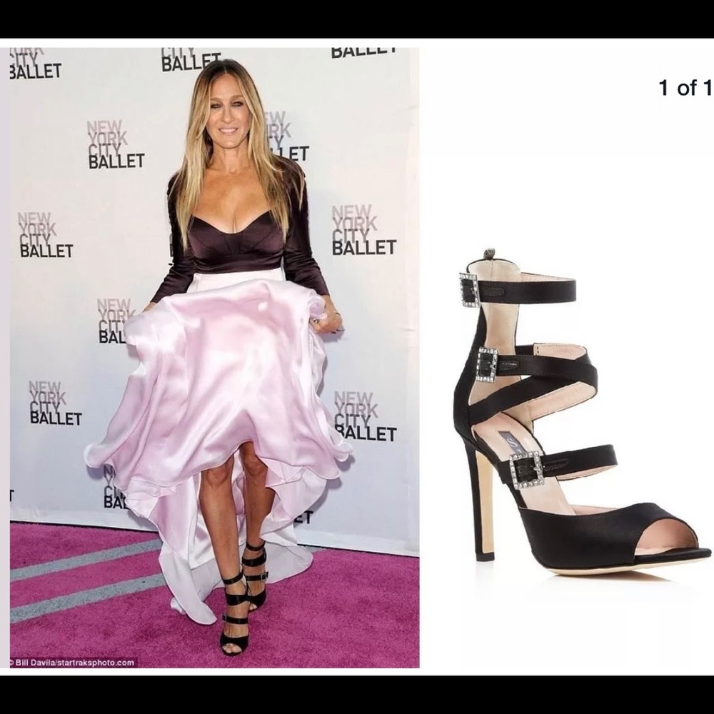 SJP Black Satin strapping heels
